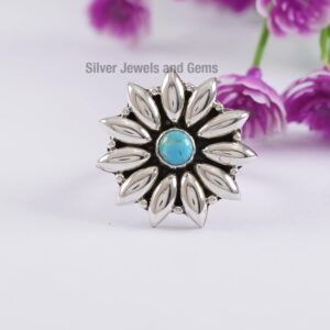 Natural Turquoise Puffed Ring, 925 Sterling Silver Ring, Flower Design Ring, Handmade Ring, Anniversary Ring, Statement Boho Ring Natural Turquoise Puffed Ring, 925 Sterling Silver Ring, Flower Design Ring, Handmade Ring, Anniversary Ring, Statement Boho Ring