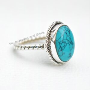 Oval Turquoise Ring: 925 Sterling Silver Rope Band, December Birthstone Oval Turquoise Ring: 925 Sterling Silver Rope Band, December Birthstone