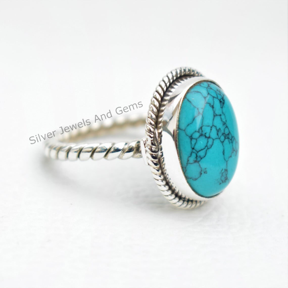 Oval Turquoise Ring: 925 Sterling Silver Rope Band, December Birthstone