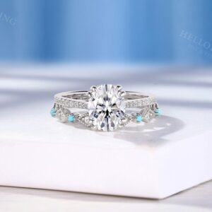 Oval Moissanite Engagement Ring Set Classic White Gold Ring Blue Turquoise Wedding Band Bridal Ring Set Gift For Women - Custom By HelloRing Oval Moissanite Engagement Ring Set Classic White Gold Ring Blue Turquoise Wedding Band Bridal Ring Set Gift For Women - Custom By HelloRing