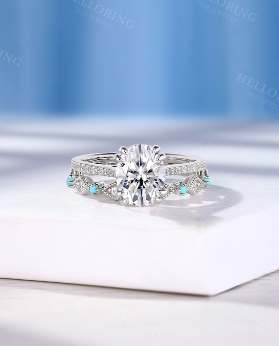 Oval Moissanite Engagement Ring Set Classic White Gold Ring Blue Turquoise Wedding Band Bridal Ring Set Gift For Women - Custom By Helloring
