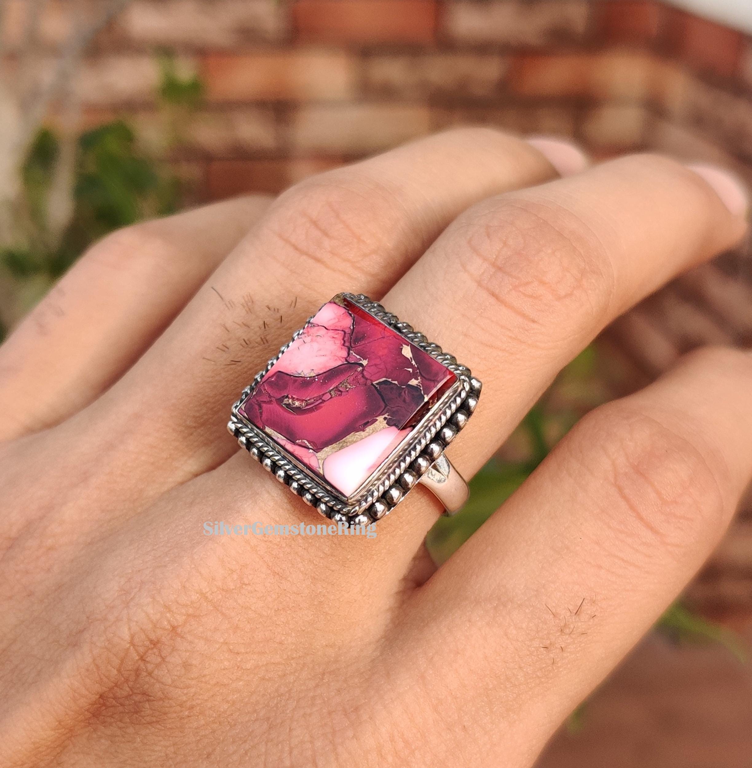 Red Rose Dahlia Turquoise Ring: 925 Sterling Silver, October Birthstone