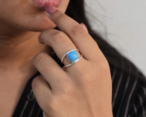 Sleeping Beauty Turquoise Ring, Cushion Gemstone, Designer Ring, 925 Sterling Silver, Natural Gemstone, Women Ring, Daily Wear Ring, Artisan