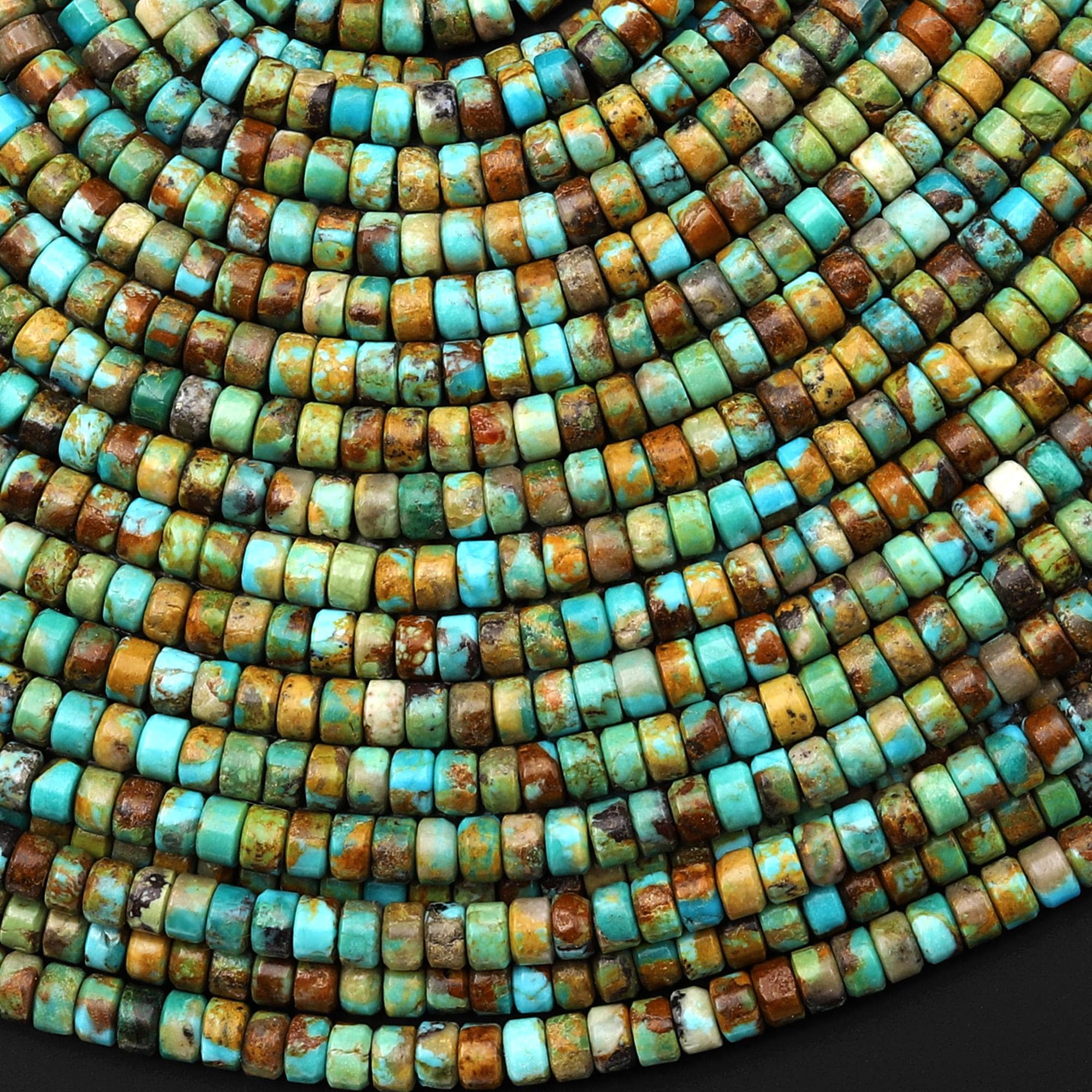 Real Natural Blue Green Golden Brown Turquoise 4mm Smooth Heishi Rondelle Beads Center Drilled 15.5" Strand