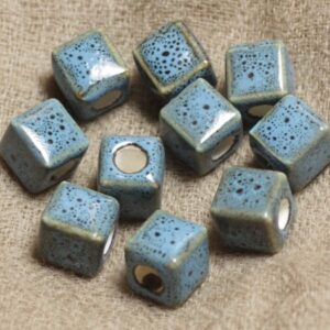10pc - Perles Céramique Porcelaine Cubes Carrés 10mm Bleu Turquoise marron tacheté - 4558550011336