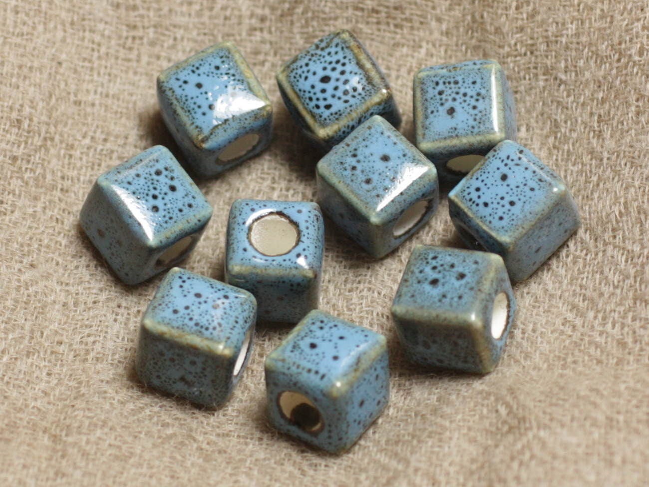 10pc - Perles Céramique Porcelaine Cubes Carrés 10mm Bleu Turquoise Marron Tacheté - 4558550011336