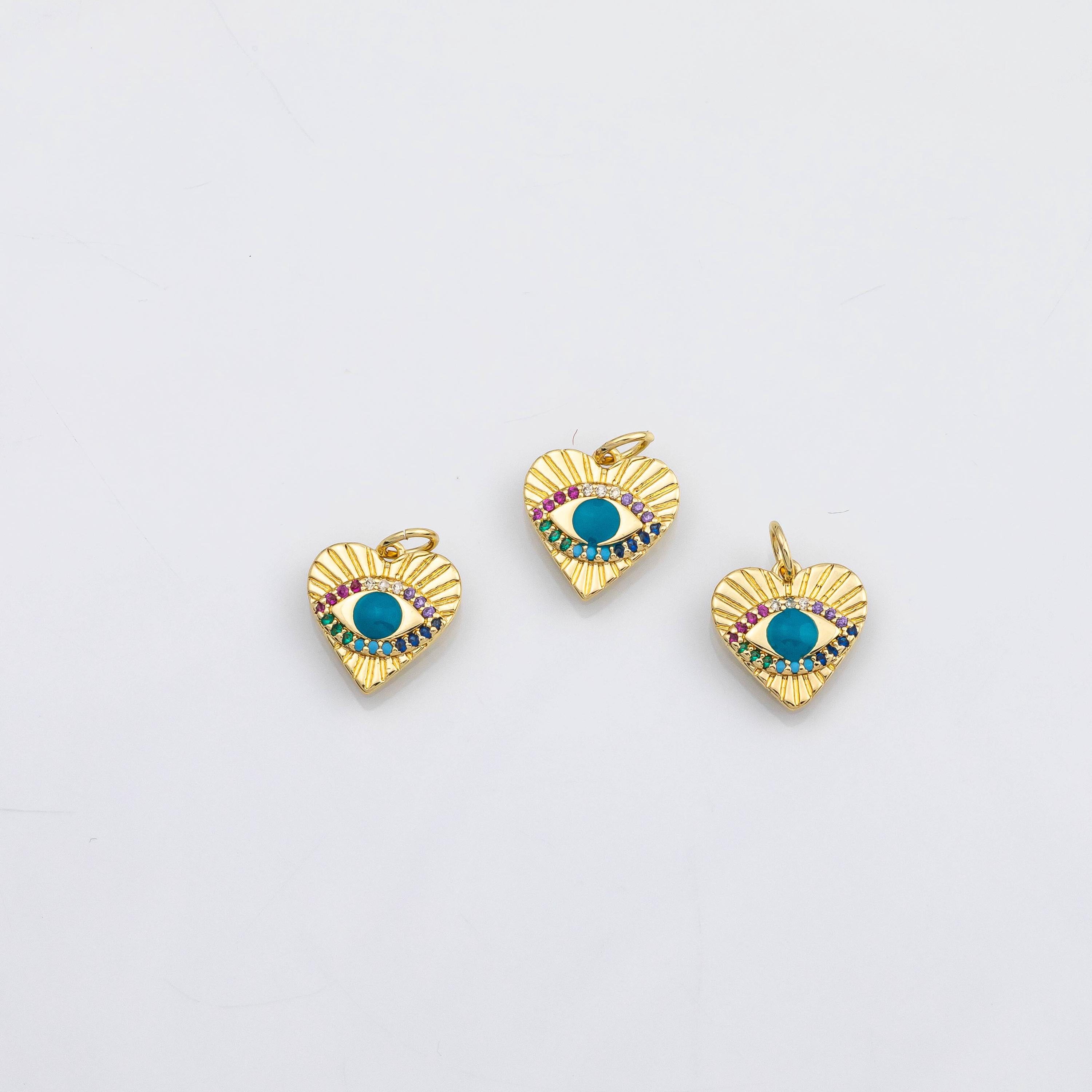 18k Gold Pvd Evil Eye Blue Turquoise Heart Charm - Tarnish Resistant