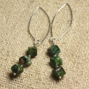 Boucles Oreilles Argent 925 Crochets 40mm - Turquoise D'afrique Cubes 6x6mm