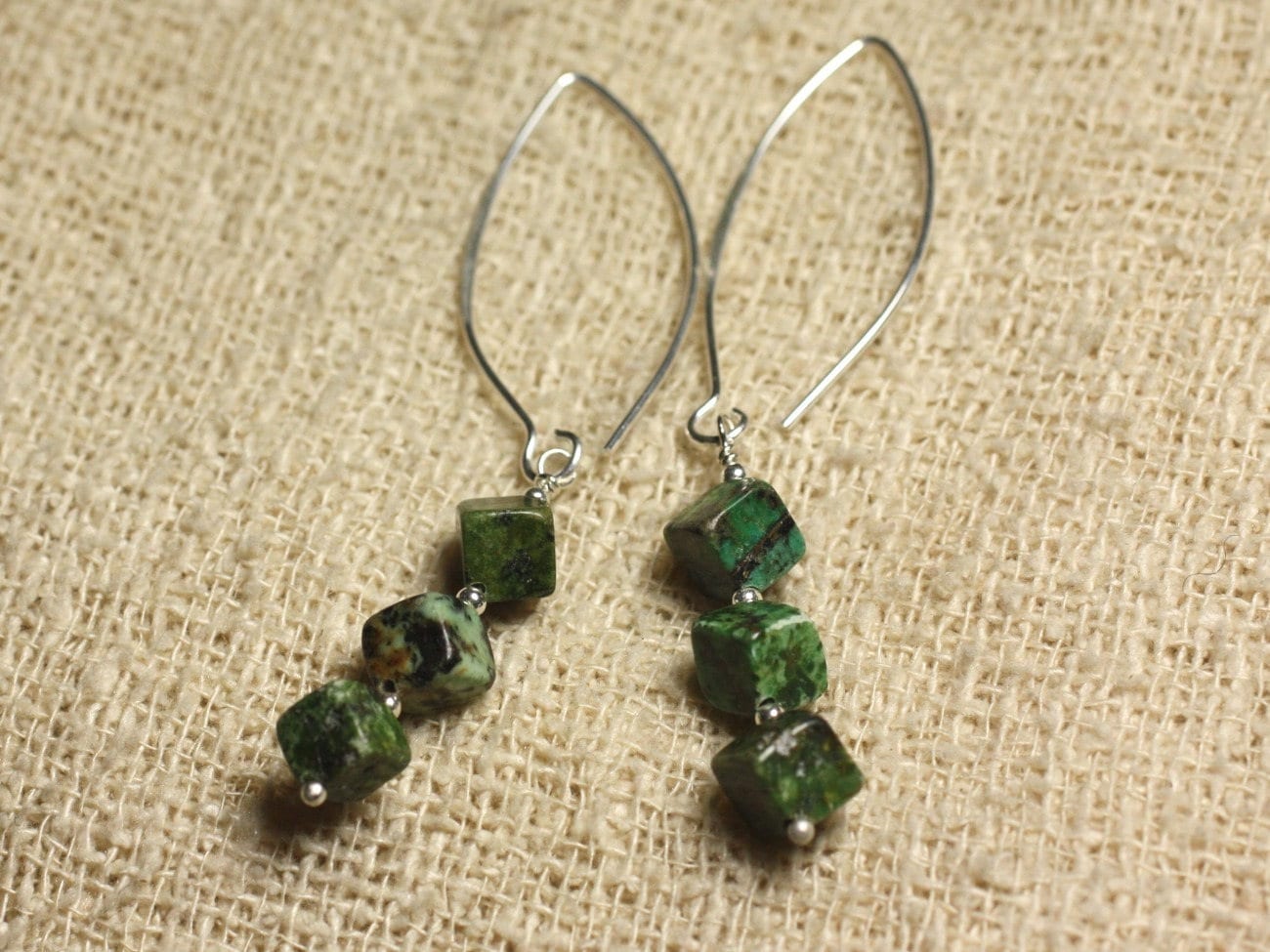 Boucles Oreilles Argent 925 Crochets 40mm - Turquoise D'afrique Cubes 6x6mm