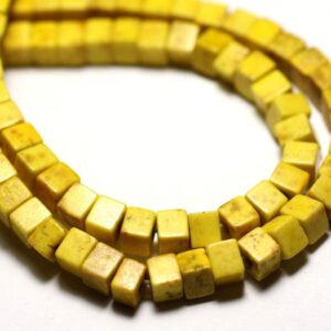 Fil 39cm 98pc env - Perles de Pierre Turquoise Synthèse Cubes 4mm Jaune