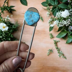 Turquoise Heart Kilt Pin, Jumbo Safety Pin Brooch