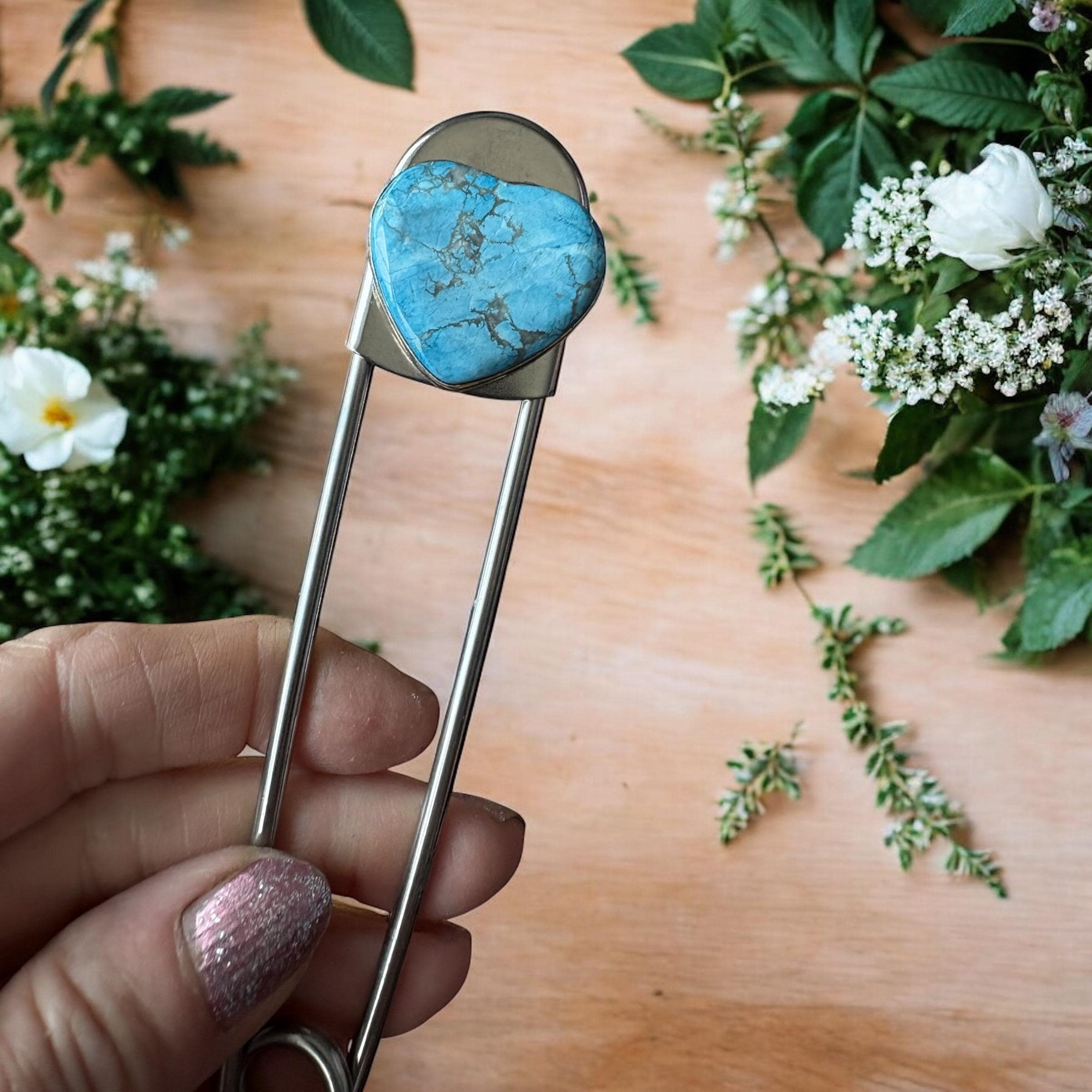Turquoise Heart Kilt Pin, Jumbo Safety Pin Brooch