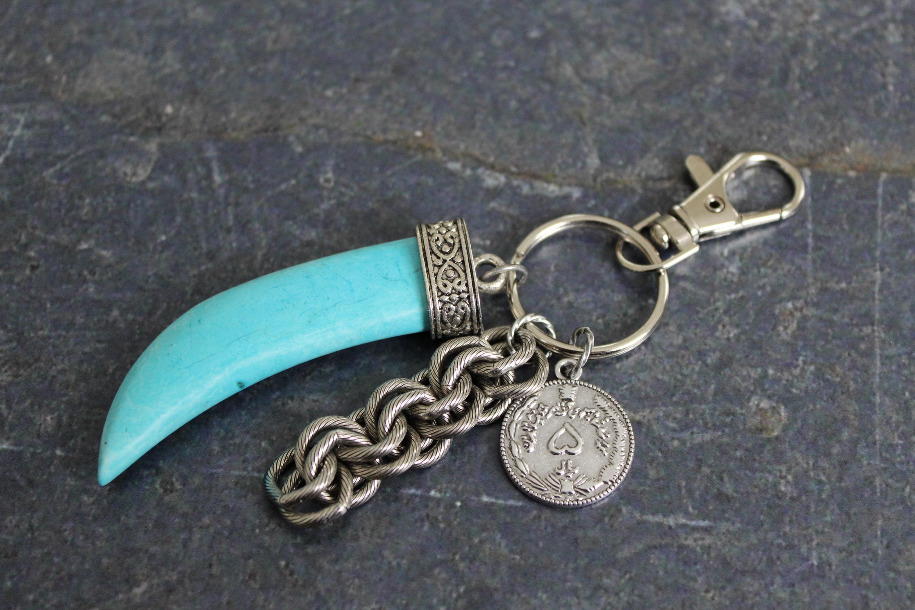 Turquoise Spike Bag Charm: Silver Coin Keychain