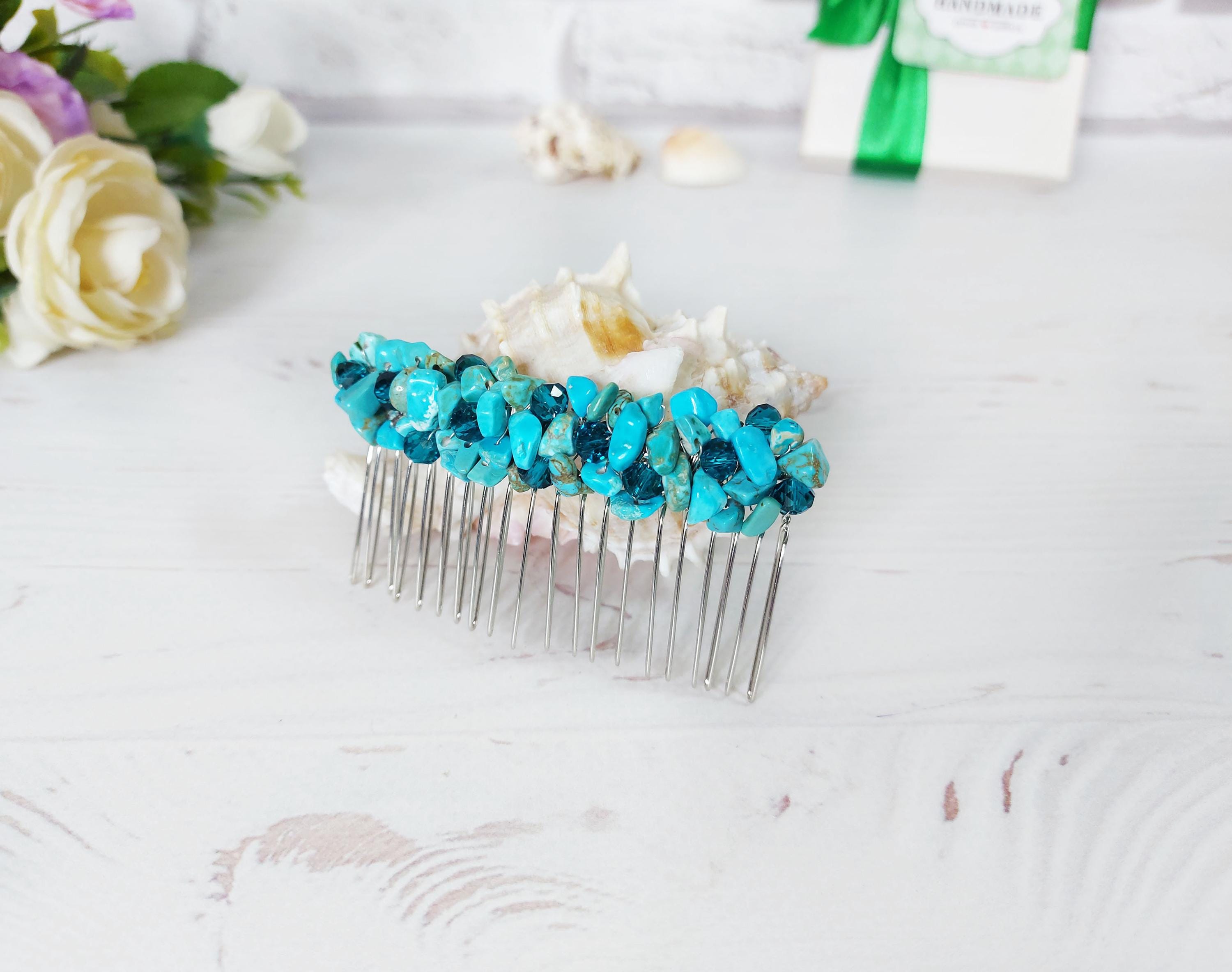 Turquoise Stones Wedding Hair Comb Blue Crystals Hair Piece Teal Gemstones Hair Clip Beaded Bridal Hair Comb Bridesmaid Jeweled Hair Clip