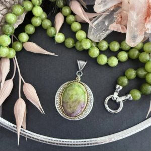 Two Tone Calcite Gemstone Pendant: Green Cabochon Jewelry