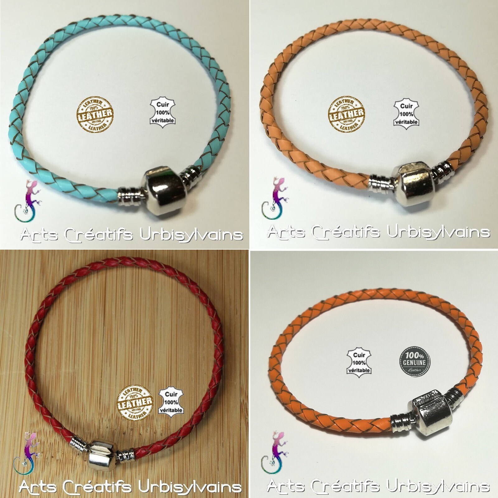Un Bracelet Européen Cordon Cuir Véritable Tressé Bleu, Marron, Rouge, Orange