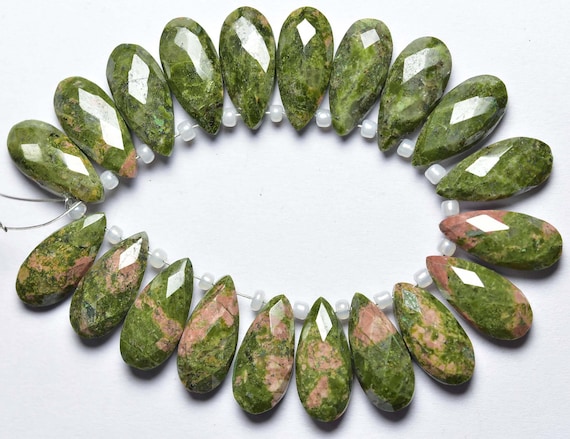 6 Pcs - Beautiful Natural Faceted Unakite Jasper Side Drilled Tear Drops Briolettes - Size Is 7x15 Mm #1873