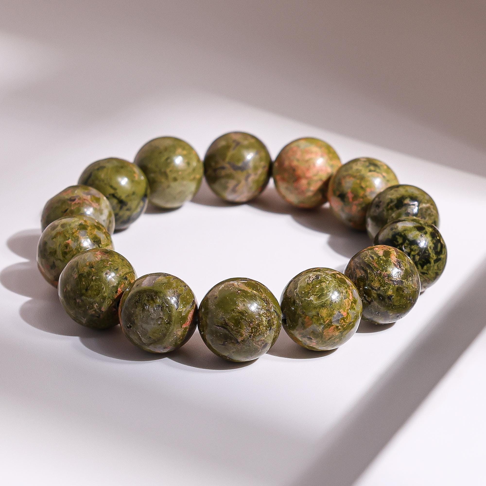16mm Genuine Natural Green Unakite A Round Big Size Beads Gemstone Bracelet For Man And Woman,healing Crystal Bracelet