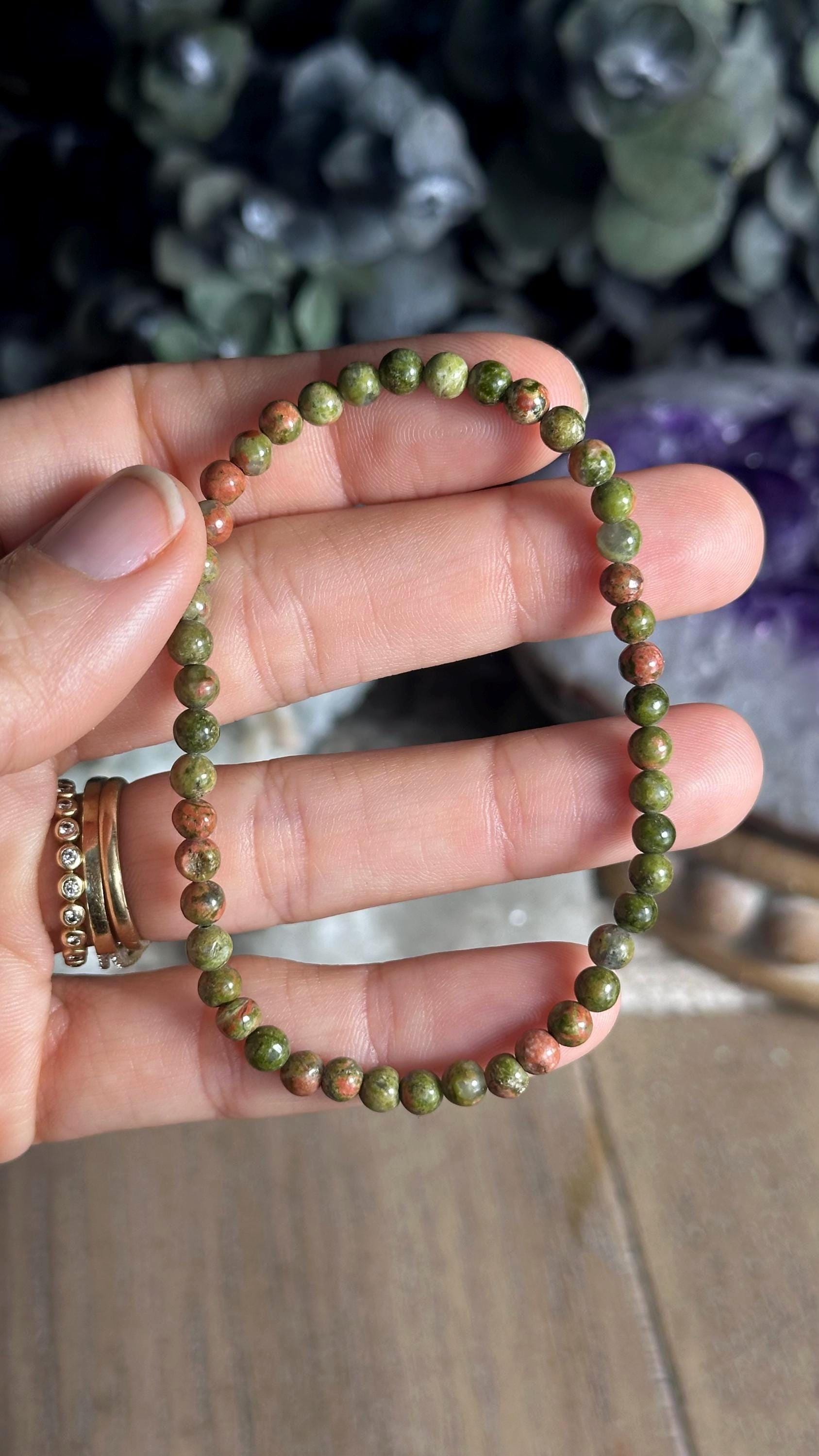 4mm Unakite Bracelet: Crystal Beaded Stretch Bracelet, Boho Candy Kandi