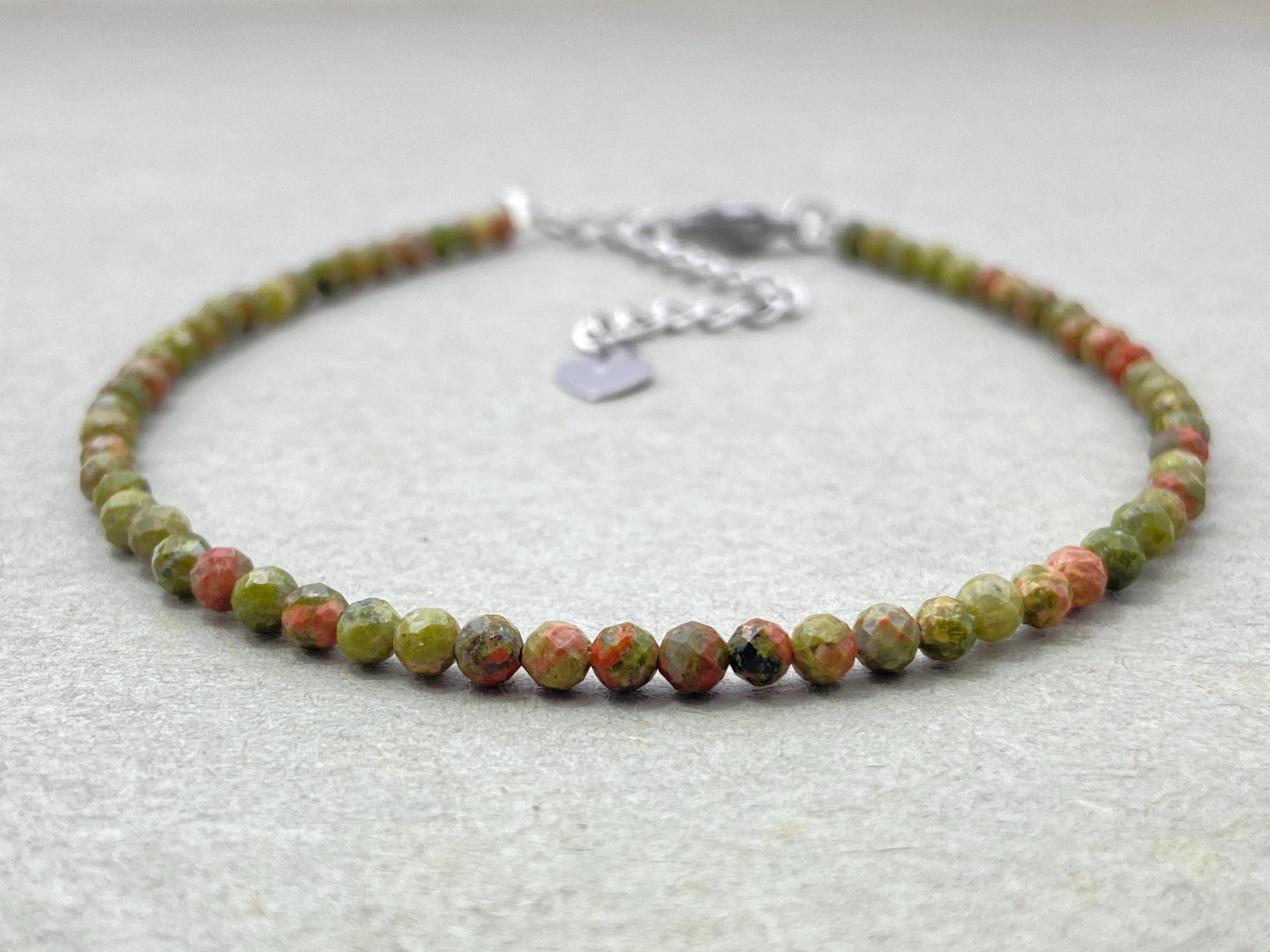 Unakite Beaded Choker Bracelet: Faceted Gemstone, Stainless Steel Unakite Beaded Choker Bracelet: Faceted Gemstone, Stainless Steel