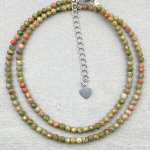 Unakite Beaded Choker Bracelet Set: Faceted Green Gemstone, Dainty Jewelry