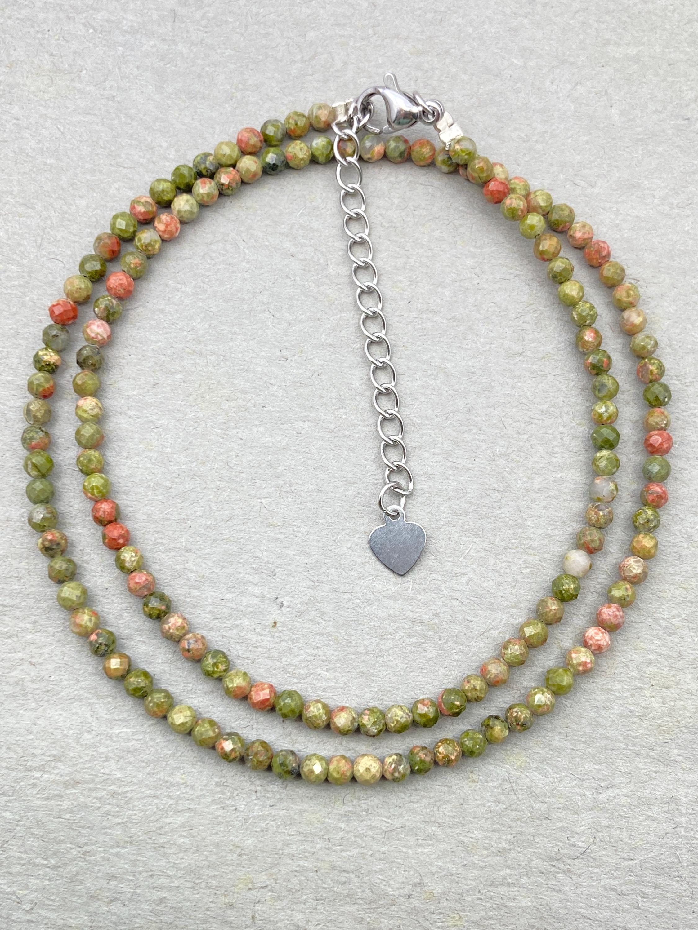 Unakite Beaded Choker Bracelet Set: Faceted Green Gemstone, Dainty Jewelry