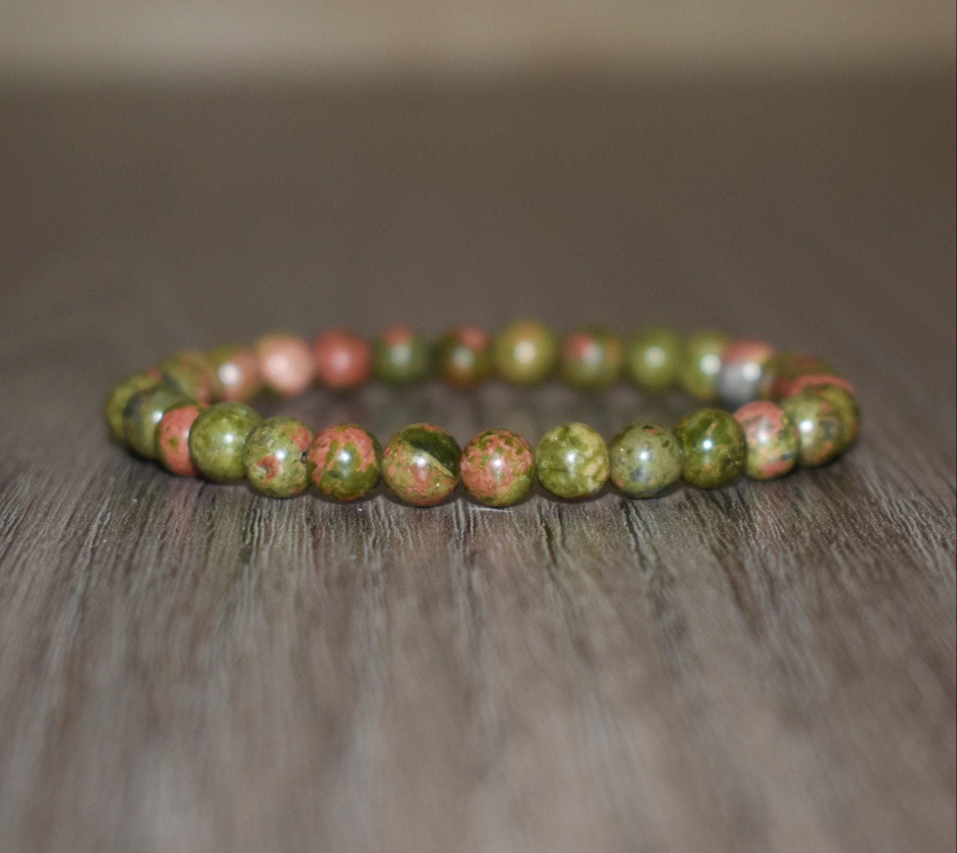 Unakite Beaded Bracelet 6mm, Green Pink Gemstone, Heart Chakra