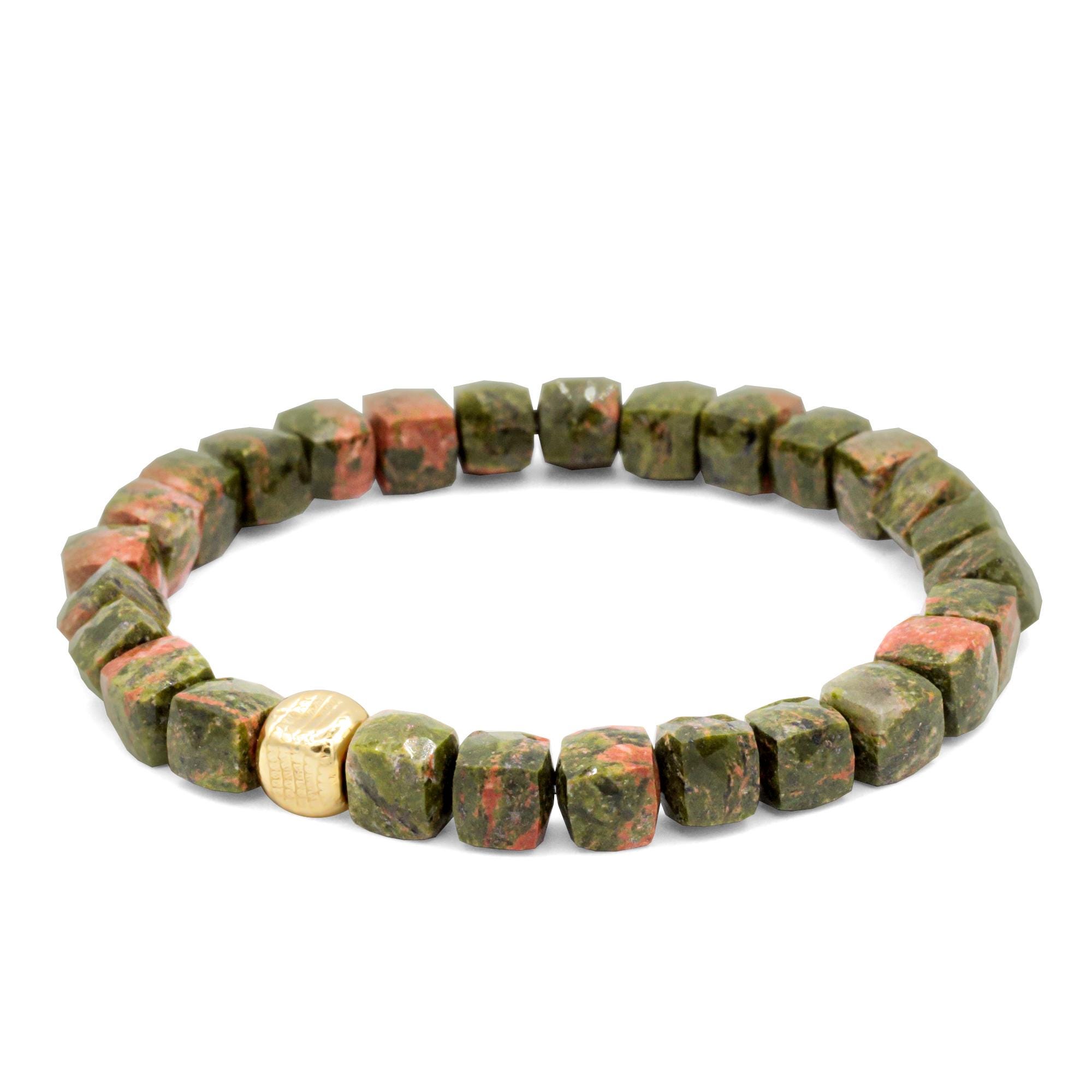 Unakite Cube Bracelet 8mm Faceted – Green Pink Gemstone Bracelet, 14k Gold Filled Accent, Unisex Beaded Bracelet, Healing Stone Jewelry