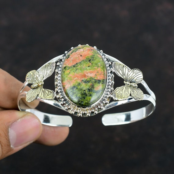 Unakite Cuff Bracelet: Sterling Silver Adjustable Butterfly Bangle Unakite Cuff Bracelet: Sterling Silver Adjustable Butterfly Bangle
