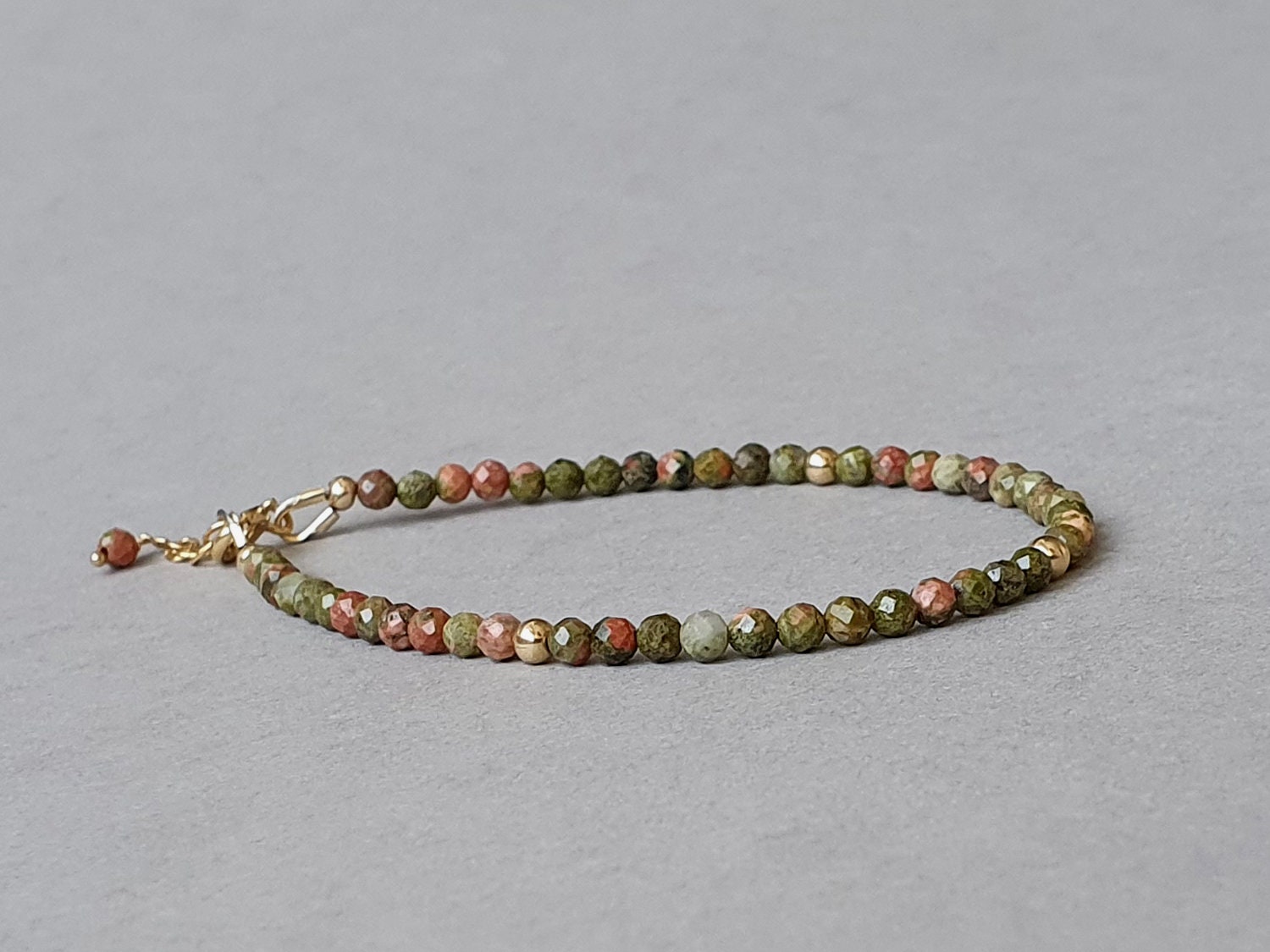 Unakite Gemstone Bracelet, Gold Filled Findings, Adjustable Jewelry