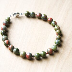 Unakite Bracelet: Green Stone Bead, Sterling Silver Clasp
