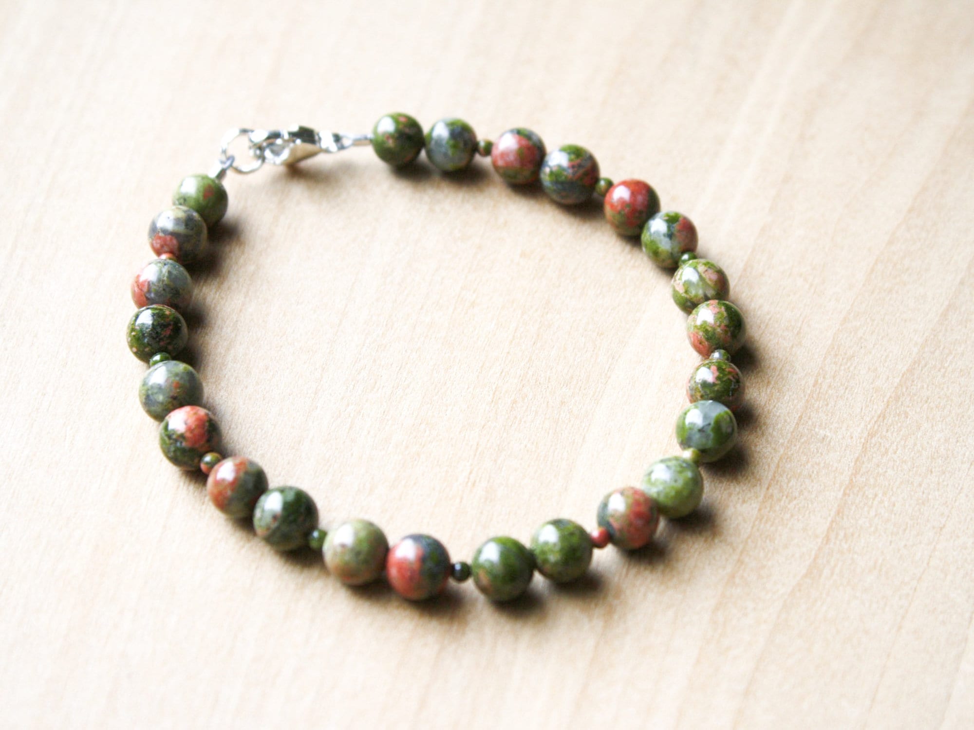 Unakite Bracelet: Green Stone Bead, Sterling Silver Clasp