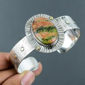 Handmade Unakite Cuff: Adjustable 925 Sterling Silver Bangle