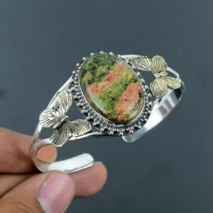 Handmade Unakite Cuff Bracelet: Sterling Silver Butterfly Bangle