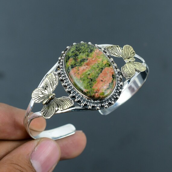 Handmade Unakite Cuff Bracelet: Sterling Silver Butterfly Bangle
