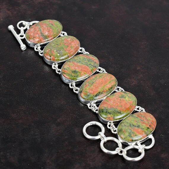 Handmade Unakite Gemstone Bracelet: 925 Sterling Silver Adjustable Chain Handmade Unakite Gemstone Bracelet: 925 Sterling Silver Adjustable Chain