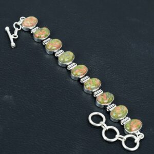 Handmade Unakite Gemstone Bracelet: 925 Sterling Silver Adjustable Chain