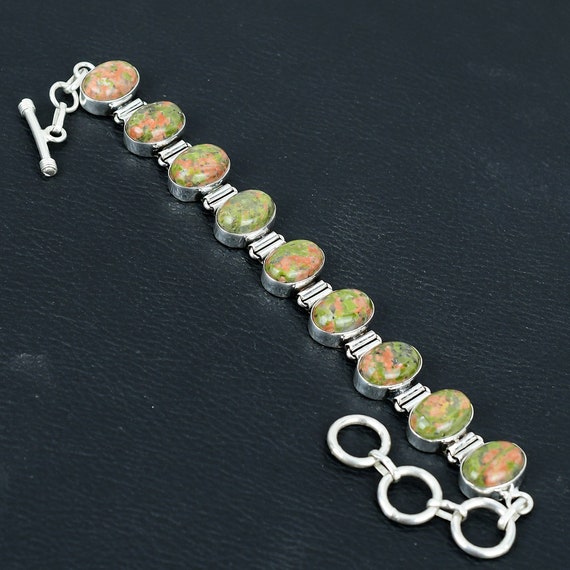Handmade Unakite Gemstone Bracelet: 925 Sterling Silver Adjustable Chain