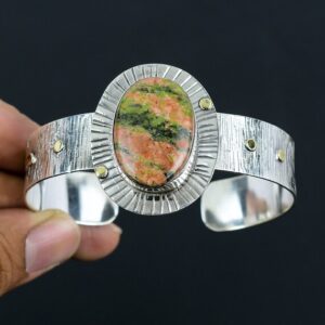 Handmade Unakite Gemstone Bangle: Adjustable 925 Sterling Silver Cuff