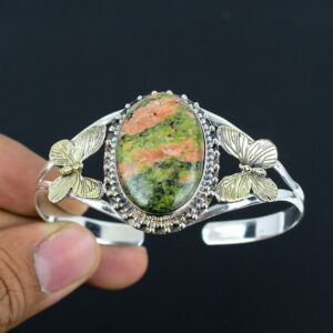 Handmade Unakite Gemstone Cuff: Sterling Silver Butterfly Bangle