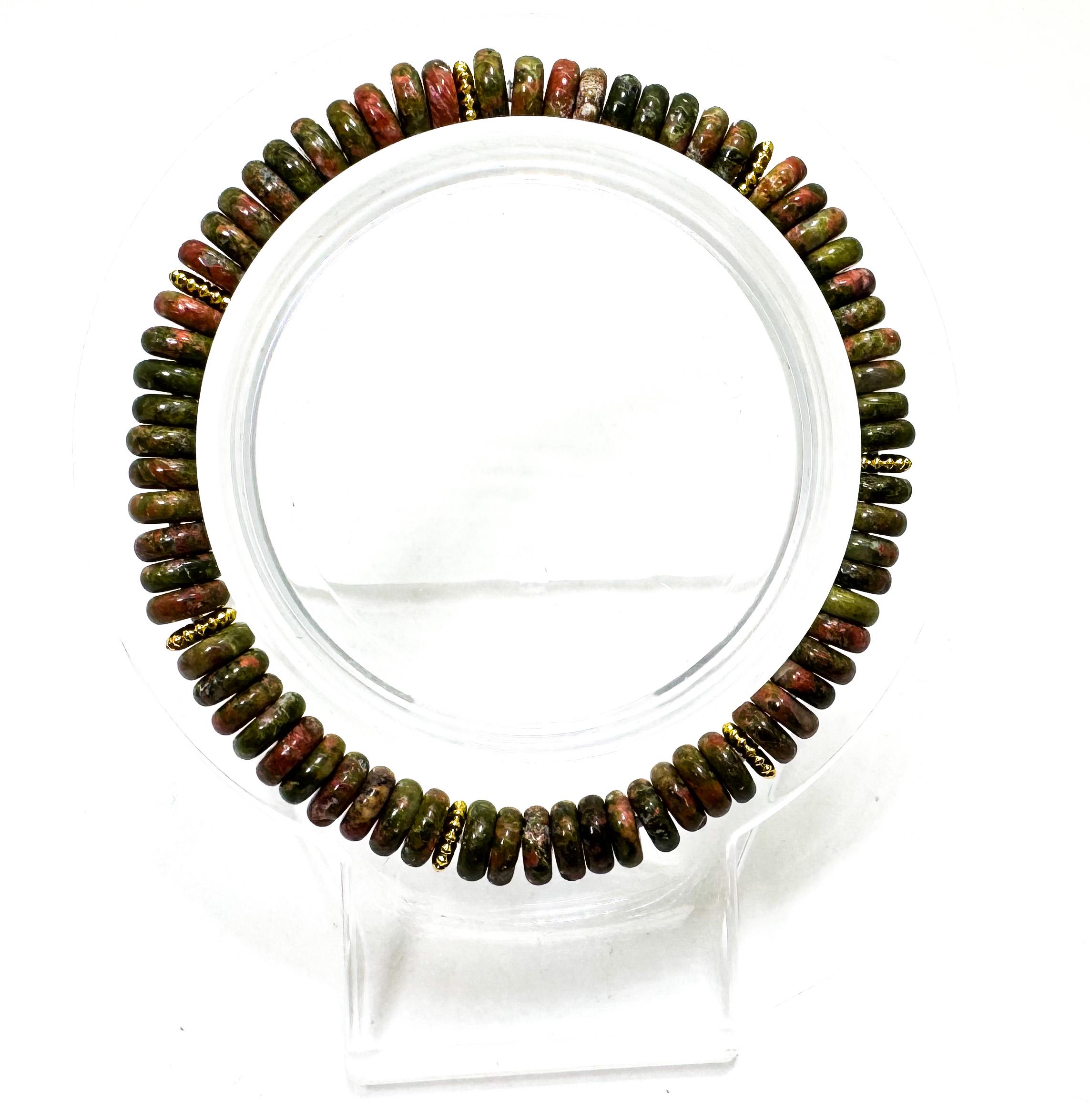 Handmade Unakite Rondelle Bracelet 6.5" – 6mm Gemstone Beads With Gold Spacers - Pgb8r21