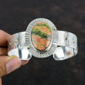 Handmade Sterling Silver Unakite Cuff Bracelet, Adjustable Gemstone Bangle