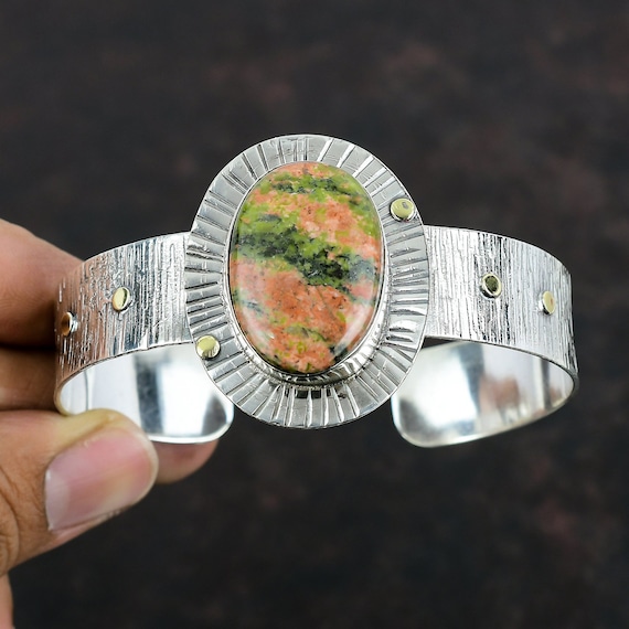 Handmade Sterling Silver Unakite Cuff Bracelet, Adjustable Gemstone Bangle Handmade Sterling Silver Unakite Cuff Bracelet, Adjustable Gemstone Bangle