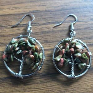 Unakite 28mm Tree Earrings With Copper Silver Plating--1 Pair