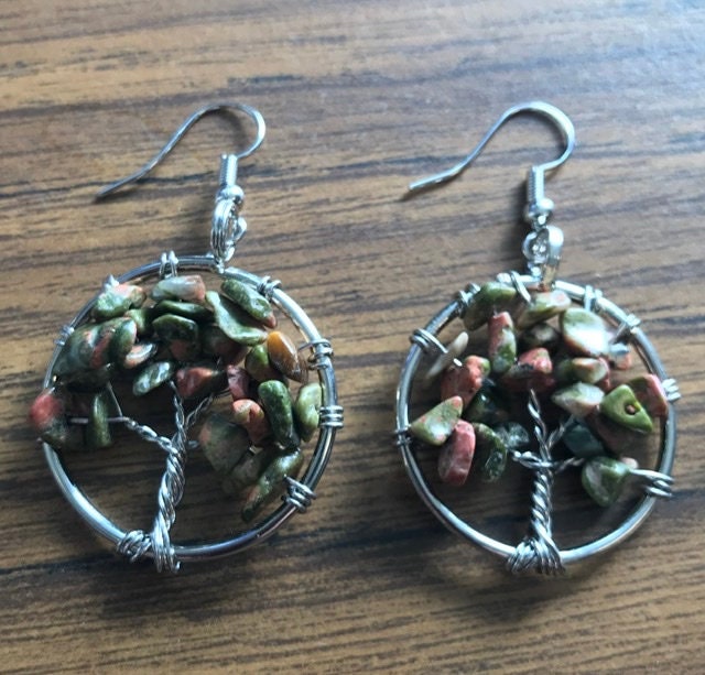 Unakite 28mm Tree Earrings With Copper Silver Plating--1 Pair