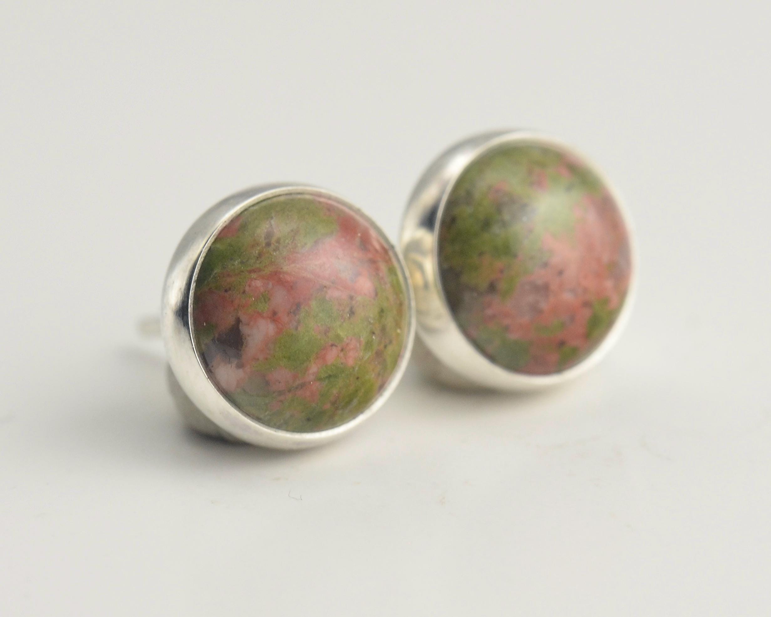 Unakite 8mm Sterling Silver Stud Earrings Pair