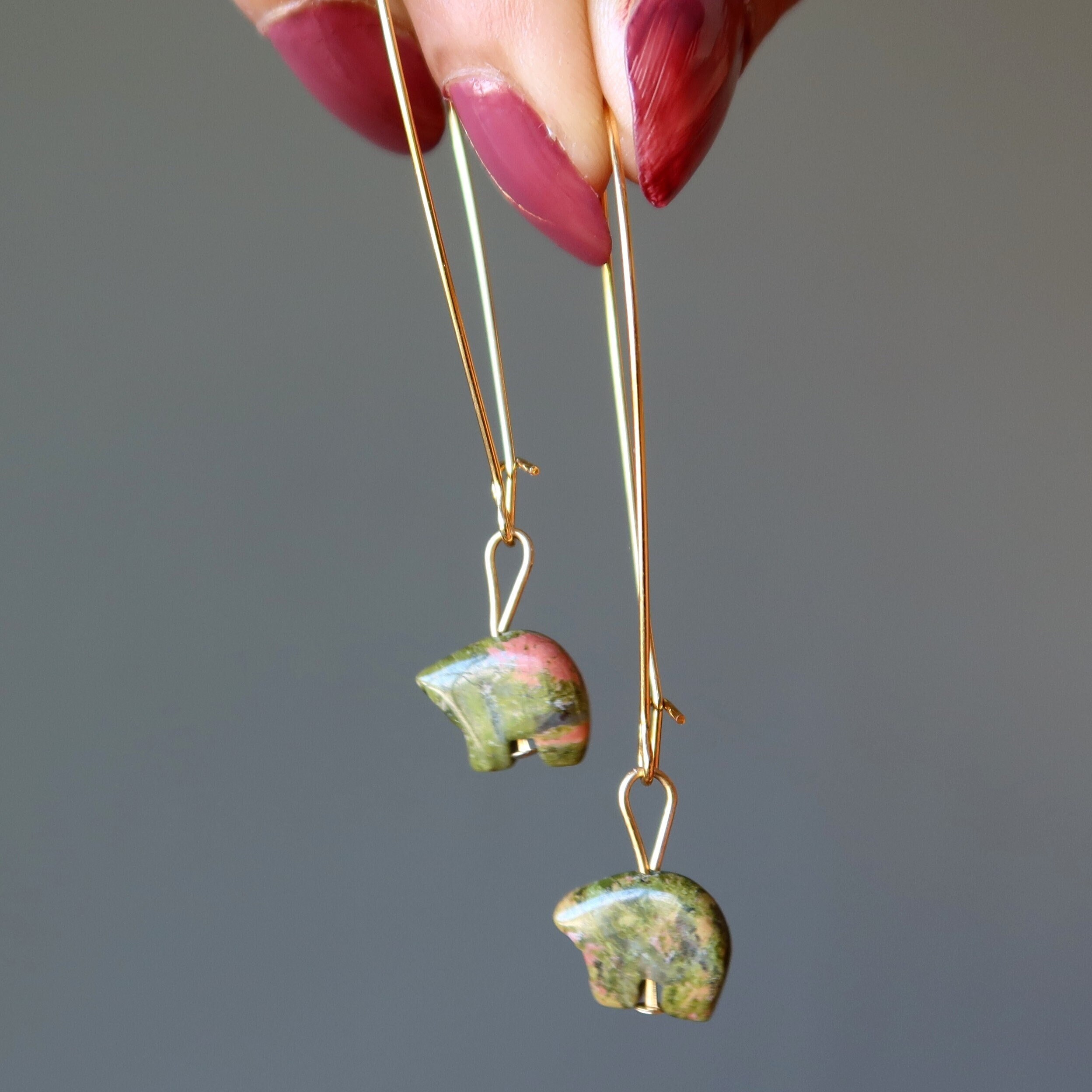 Unakite Earrings Bear Sweet Honey Happiness Crystals Gold