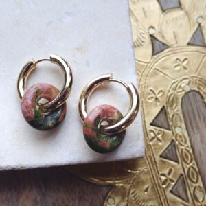Gemstone Hoop Earrings, Huggie Donut Hoops,unakite Gold Hoop Earrings,hoops With Stone,gold Hoops With Gemstone,jewelry Gift,unakite Jewelry
