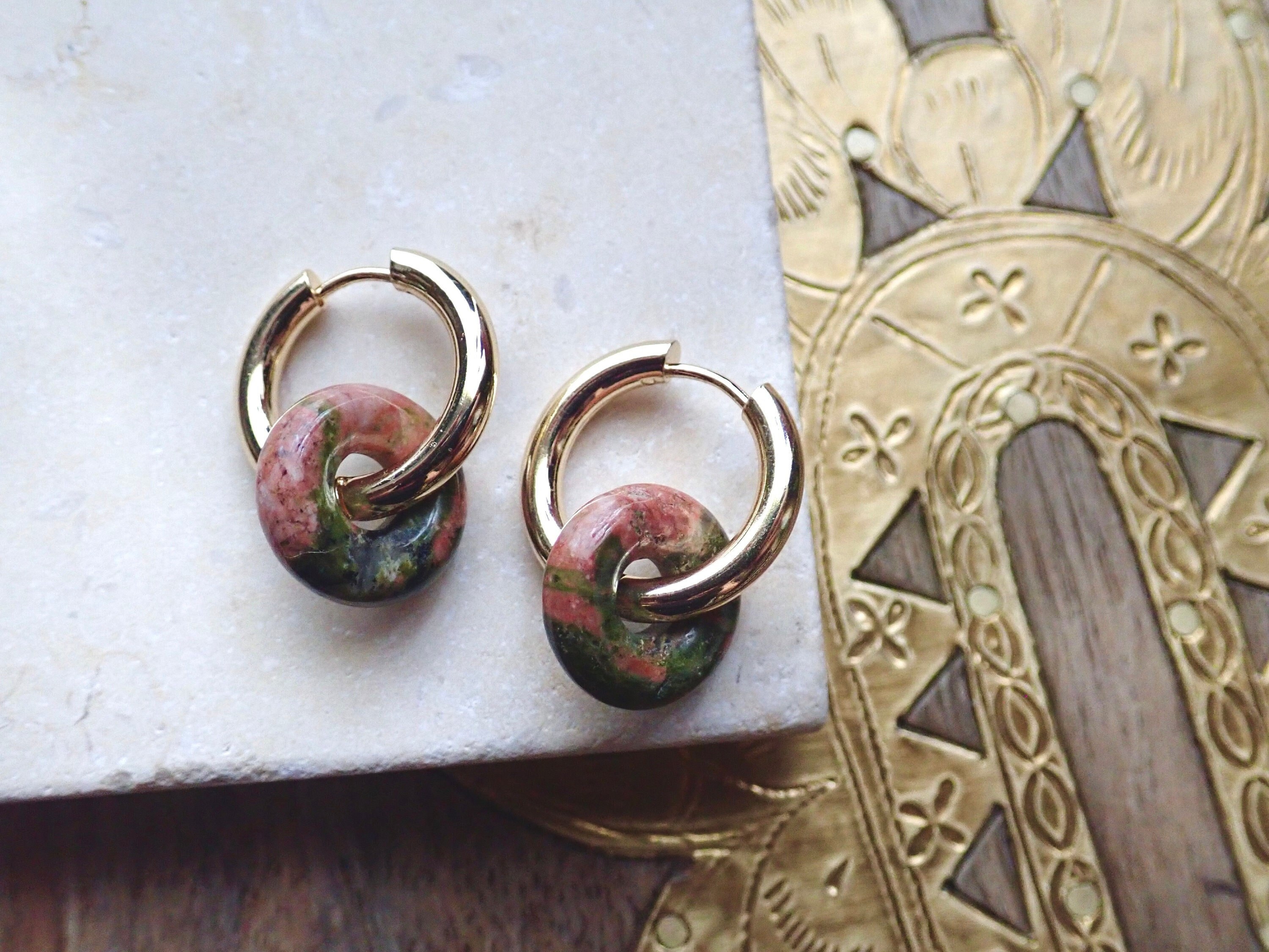 Gemstone Hoop Earrings, Huggie Donut Hoops,unakite Gold Hoop Earrings,hoops With Stone,gold Hoops With Gemstone,jewelry Gift,unakite Jewelry