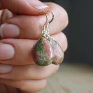 Green Natural Stone Earrings . Unakite Earrings in Sterling Silver